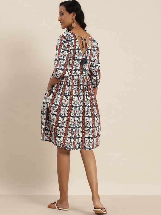 Taavi Hand Block Print Legacy A-Line Sustainable Dress with Gathers