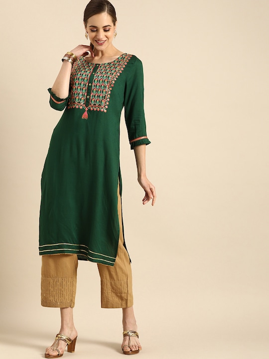 Anouk Women Ethnic Motifs Yoke Design Thread Work Kurta