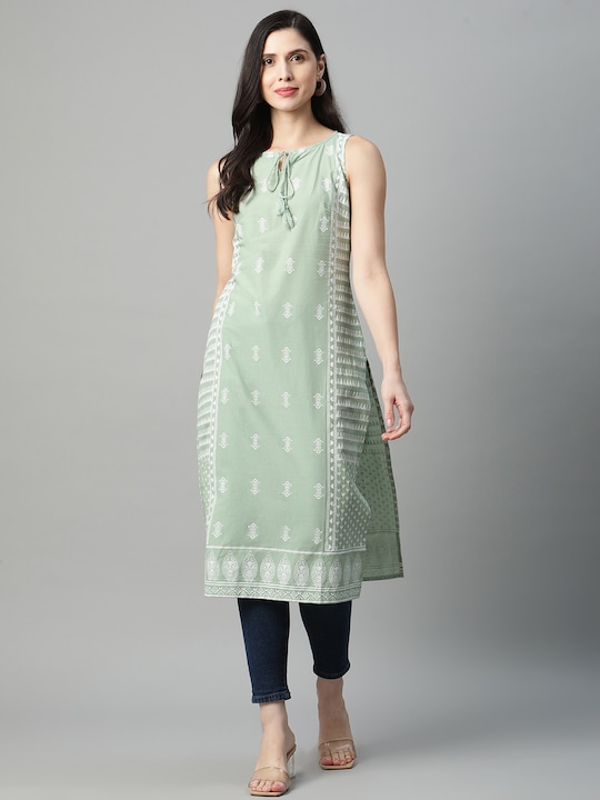 HERE&NOW Women Ethnic Motifs Printed Tie-Up Neck Kurta