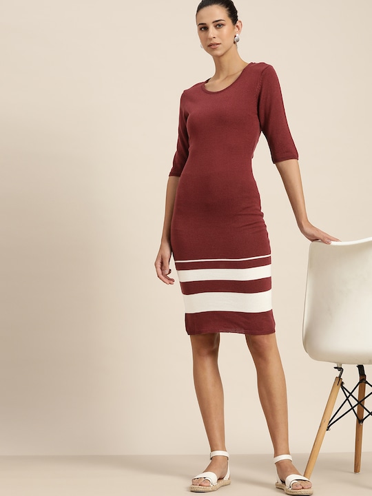 her by invictus Maroon Solid Sweater Dress