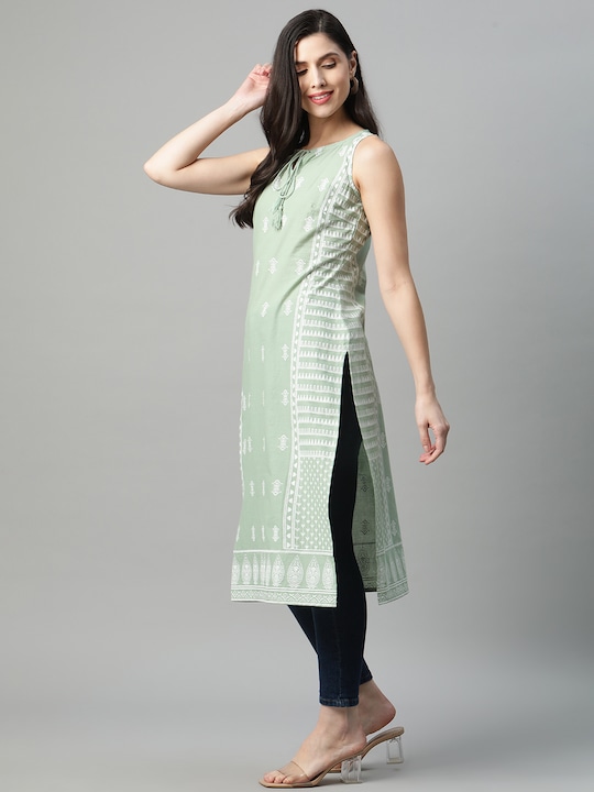 HERE&NOW Women Ethnic Motifs Printed Tie-Up Neck Kurta