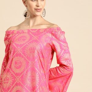 Anouk Women Ethnic Motifs Printed Off-Shoulder Bell Sleeves Kurta