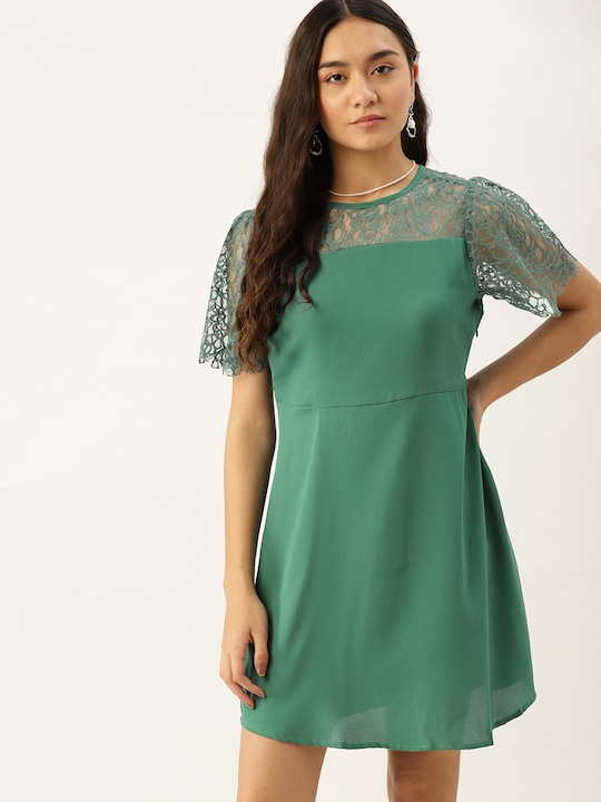 DressBerry Solid with Lace Detail A-Line Dress