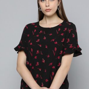 Chemistry Floral Printed Top with Ruffled Sleeves