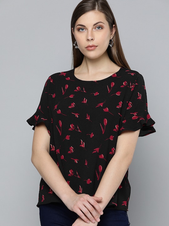 Chemistry Floral Printed Top with Ruffled Sleeves