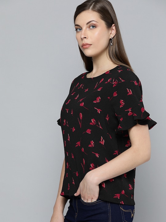 Chemistry Floral Printed Top with Ruffled Sleeves