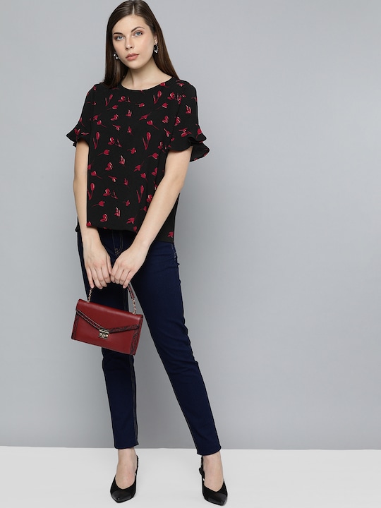 Chemistry Floral Printed Top with Ruffled Sleeves