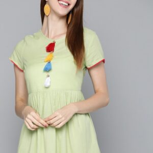 HERE&NOW  Solid Tasselled Gathered Cotton A-Line Midi Dress