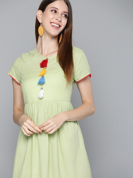 HERE&NOW  Solid Tasselled Gathered Cotton A-Line Midi Dress