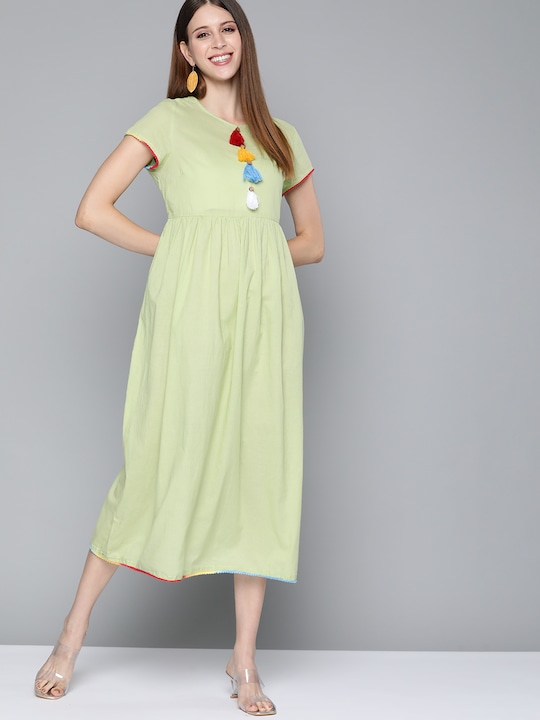 HERE&NOW  Solid Tasselled Gathered Cotton A-Line Midi Dress