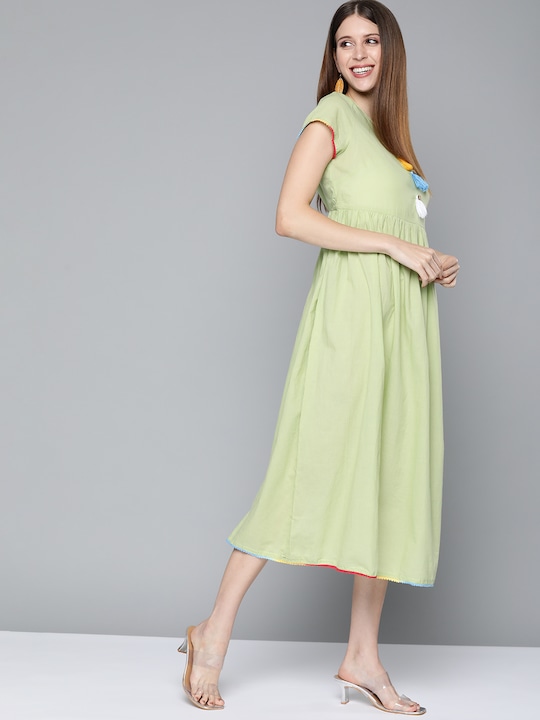 HERE&NOW  Solid Tasselled Gathered Cotton A-Line Midi Dress