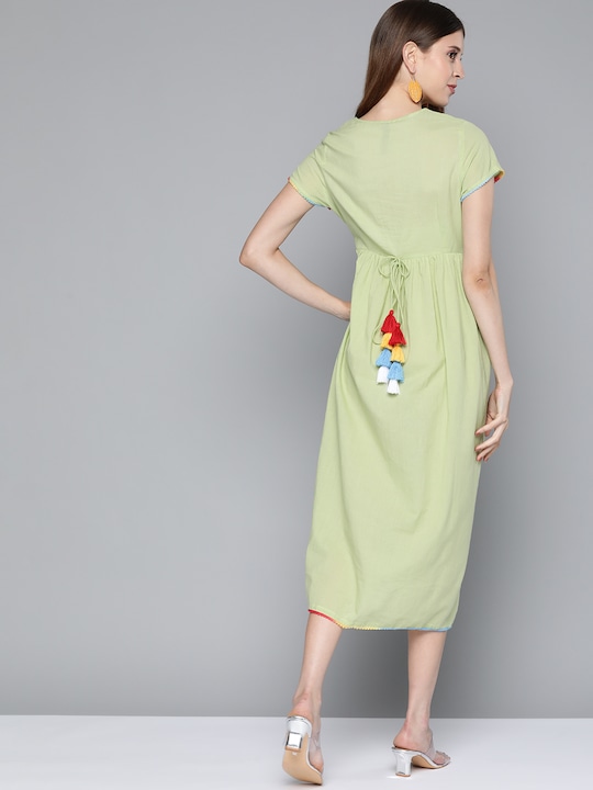 HERE&NOW  Solid Tasselled Gathered Cotton A-Line Midi Dress