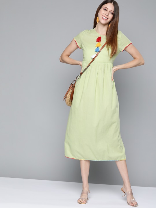 HERE&NOW  Solid Tasselled Gathered Cotton A-Line Midi Dress