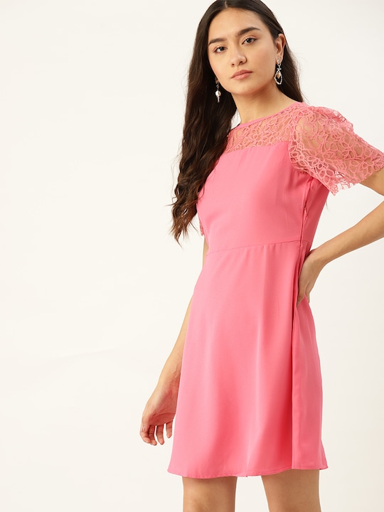 DressBerry Solid with Lace Detail A-Line Dress