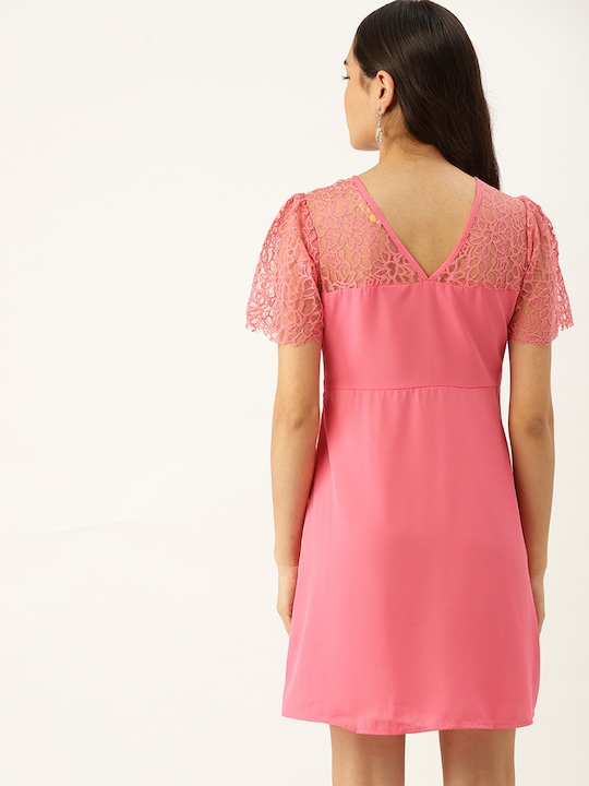 DressBerry Solid with Lace Detail A-Line Dress