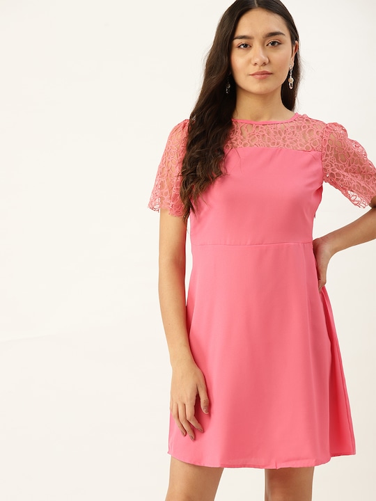 DressBerry Solid with Lace Detail A-Line Dress