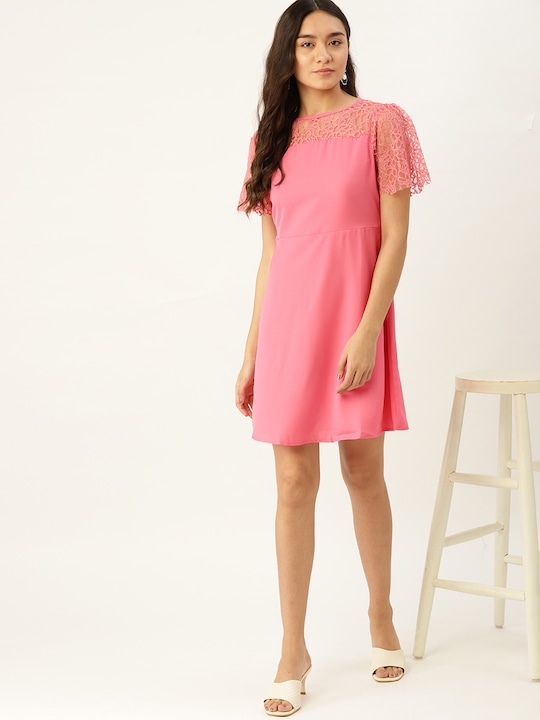 DressBerry Solid with Lace Detail A-Line Dress