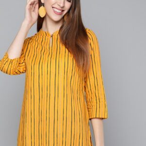 HERE&NOW Women Striped Cotton Keyhole Neck Kurta