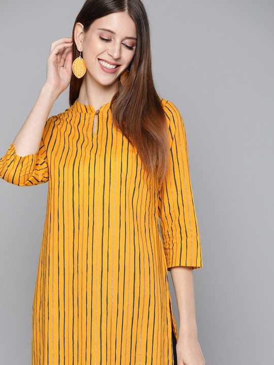 HERE&NOW Women Striped Cotton Keyhole Neck Kurta