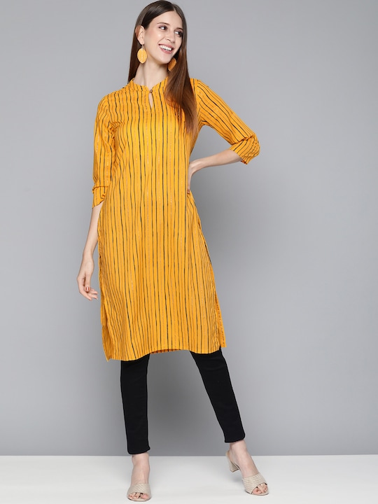 HERE&NOW Women Striped Cotton Keyhole Neck Kurta