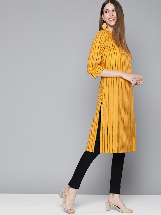 HERE&NOW Women Striped Cotton Keyhole Neck Kurta