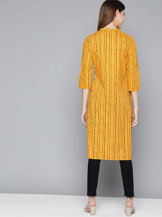 HERE&NOW Women Striped Cotton Keyhole Neck Kurta