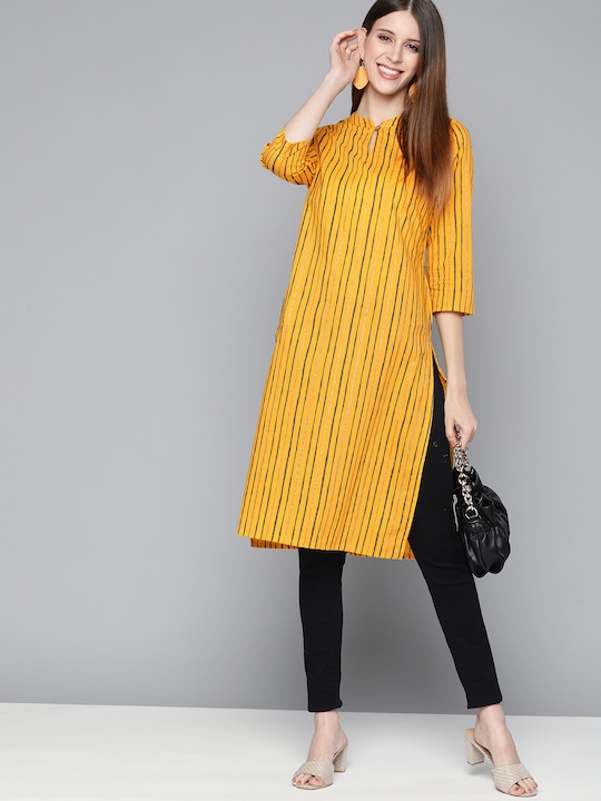 HERE&NOW Women Striped Cotton Keyhole Neck Kurta