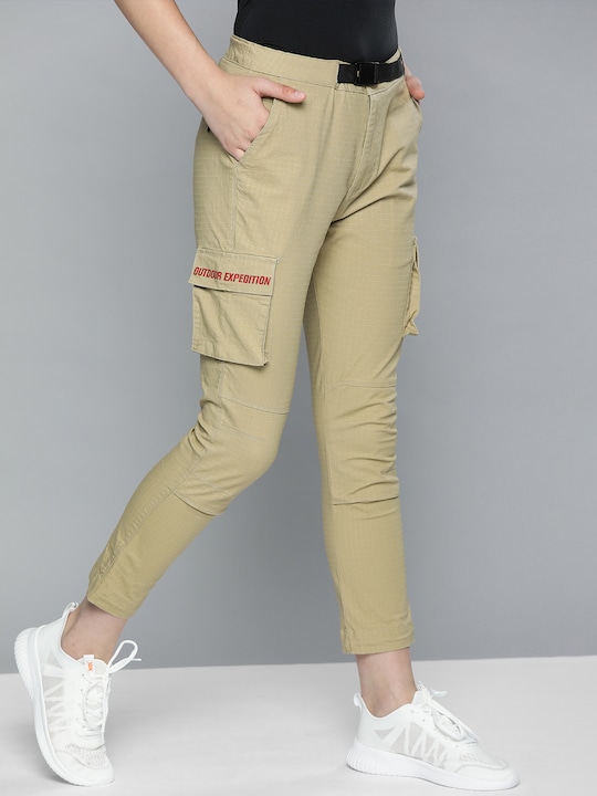 HRX Women Regular Fit Self-Checked Cropped Regular Trousers