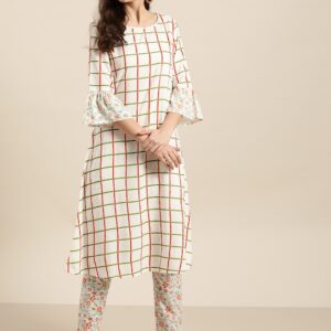 Sangria Women Checked Bell Sleeves A-line Kurta