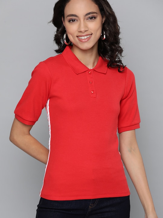 Mast Harbour Women Pure Cotton Solid Polo Collar Pure Cotton T-shirt