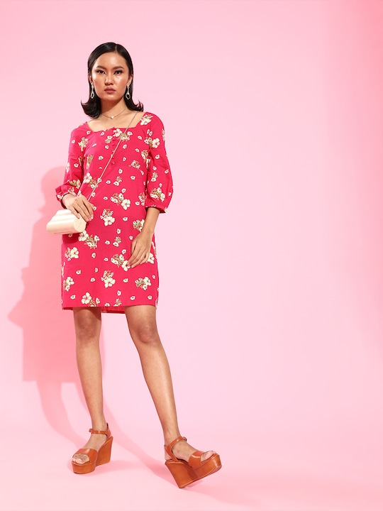 HERE&NOW Floral Print Pure Cotton A-Line Boxy Dress