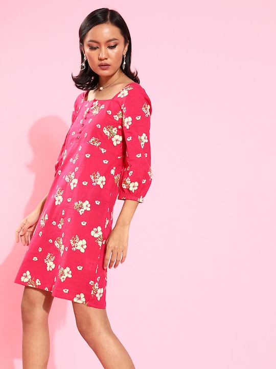 HERE&NOW Floral Print Pure Cotton A-Line Boxy Dress