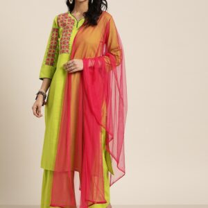 Sangria Women Cotton Embroidered Kurta with Palazzos & Dupatta