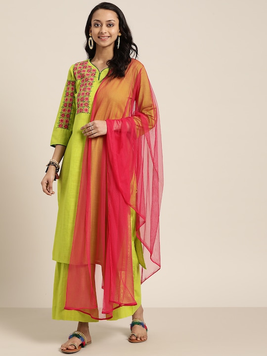 Sangria Women Cotton Embroidered Kurta with Palazzos & Dupatta