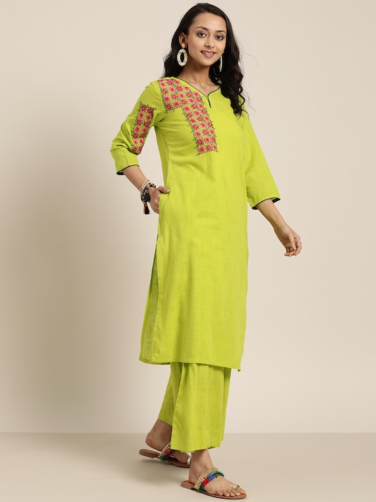 Sangria Women Cotton Embroidered Kurta with Palazzos & Dupatta