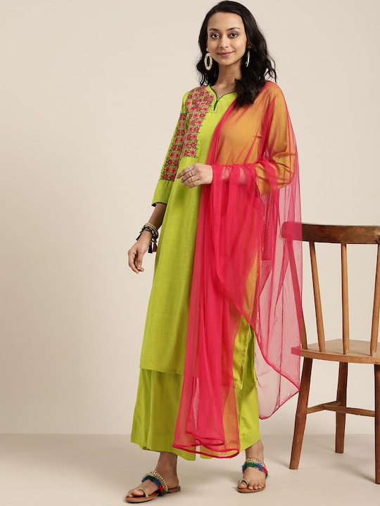 Sangria Women Cotton Embroidered Kurta with Palazzos & Dupatta