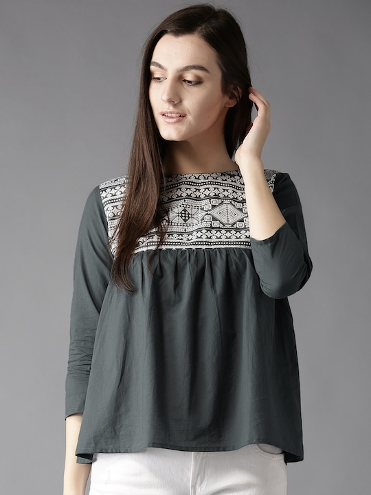 HERE&NOW Ethnic Motifs Pleated Pure Cotton A-Line Top