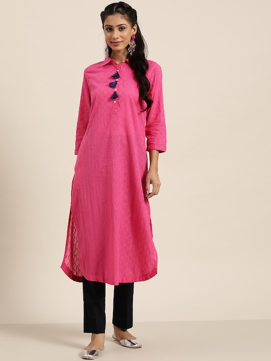 Sangria Women Woven Design Geometric Cotton Straight Kurta