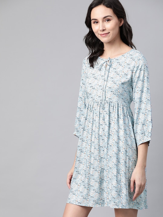 Mast & Harbour Floral Print Tie-Up Neck A-Line Dress