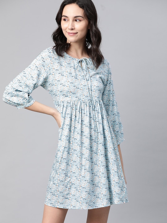 Mast & Harbour Floral Print Tie-Up Neck A-Line Dress