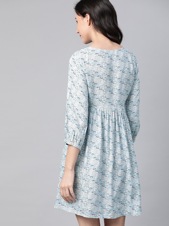 Mast & Harbour Floral Print Tie-Up Neck A-Line Dress