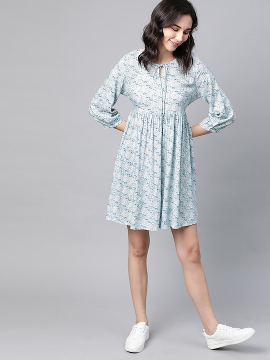 Mast & Harbour Floral Print Tie-Up Neck A-Line Dress