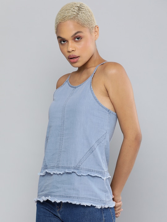 Kook N Keech Fringed Denim Pure Cotton Tank Top