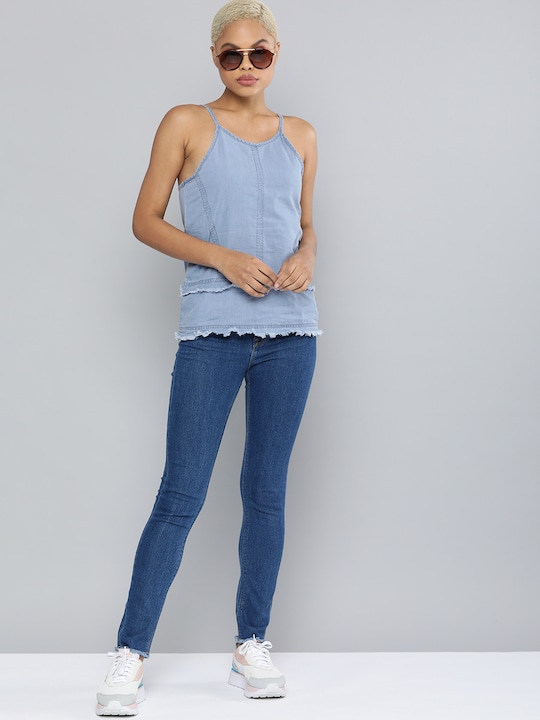 Kook N Keech Fringed Denim Pure Cotton Tank Top