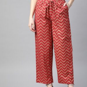 HERE&NOW Women Pure Cotton Chevron Print Ethnic Straight Palazzos