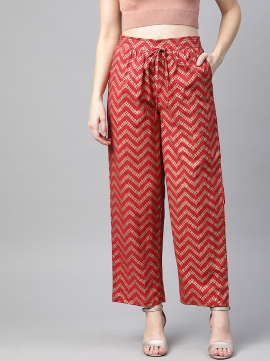 HERE&NOW Women Pure Cotton Chevron Print Ethnic Straight Palazzos