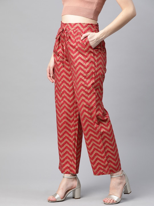 HERE&NOW Women Pure Cotton Chevron Print Ethnic Straight Palazzos