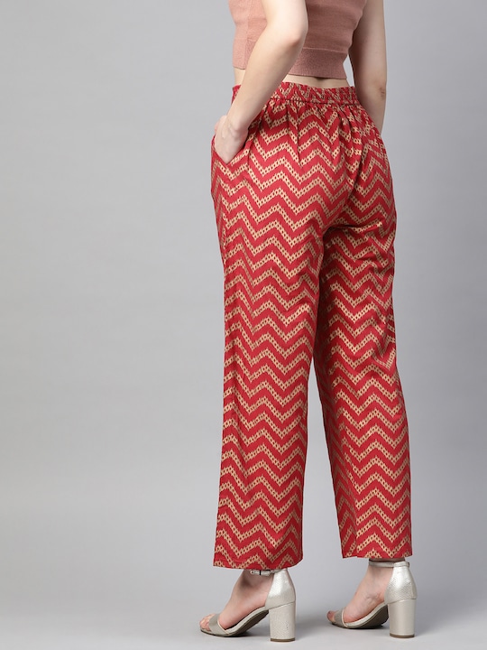 HERE&NOW Women Pure Cotton Chevron Print Ethnic Straight Palazzos