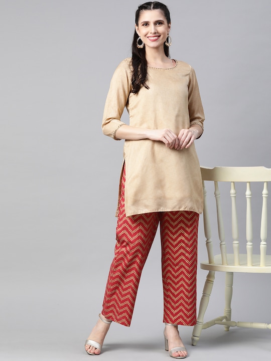 HERE&NOW Women Pure Cotton Chevron Print Ethnic Straight Palazzos