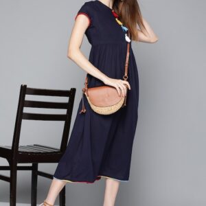 HERE&NOW Solid Cotton Gathered A-Line Midi Dress